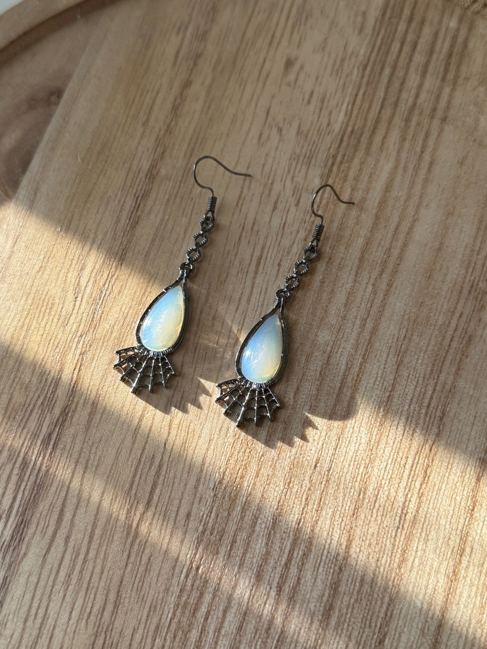 Gothic Spiderweb Teardrop Opalite Earrings Dark Bronze Whimsigoth Dangle